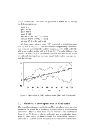 of 200 observations. The series are generated in MATLAB by running
the following program:
smpl 1 1
genr ST1=0
genr ST2=0
smpl 2 200
series ST1=0.1+ST1(-1)+nrnd
series ST2=0.1+ST2(-1)+nrnd
series DT=0.1*@trend+nrnd
We have a deterministic trend (DT) generated by simulating equa-
tion (9) with = 0; = 0:1; and a white noise independently distributed
as a standard normal (nrnd), and two integrated series (ST1 and ST2),
which are random walks with a drift of 0.1. The only di¤erence be-
tween ST1 and ST2 is in the realizations from the error terms, which
are di¤erent drawings from the same serially independent standard nor-
mal distribution.
-10
0
10
20
30
20 40 60 80 100 120 140 160 180 200
DT ST1 ST2
Figure 2: Deterministic (DT) and stochastic (ST1 and ST2) trends
7.2 Univariate decompositions of time-series
The general solution proposed to the problem introduced in the previous
section is the search for a stationary representation of non-stationary
time-series. This has been done both in univariate and multivariate
frameworks. We discuss brie‡y methodologies used in a univariate frame-
work, to move swiftly to decompositions in a multivariate framework,
which are at the heart of our discussion of modern macroeconometrics.
15
 