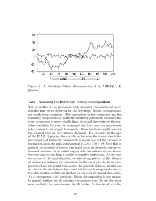 -40
-20
0
20
40
60
20 40 60 80 100 120 140 160 180 200
CYCLE TR X
Figure 3: A Beveridge Nelson decomposition of an ARIMA(1,1,1)
process
7.2.4 Assessing the Beveridge Nelson decomposition
The properties of the permanent and temporary components of an in-
tegrated time-series delivered by the Beveridge Nelson decomposition
are worth some comments. The innovations in the permanent and the
transitory components are perfectly negatively correlated; moreover, the
trend component is more volatile than the actual time-series as the neg-
ative correlation between the permanent and the transitory components
acts to smooth the original time-series. These results are easily seen for
the simplest case we have already discussed. For example, in the case
of the IMA(1,1) process, the correlation between the innovations in the
permanent and transitory components is minus one and the variance of
the innovation in the trend component is (1:5=0:4)2 2
> 2
: Note that in
general the variance of innovations might have an economic interpreta-
tion and economic theory might suggest di¤erent patterns of correlations
between innovations from a perfectly negative correlation. As we shall
see in one of the next chapters, an interesting pattern is the absence
of correlation between the innovations in the cycle and the trend com-
ponents of an integrated time-series. In general, di¤erent restrictions
on the correlation between the trend and the cycle components lead to
the identi…cation of di¤erent stochastic trends for integrated time-series.
As a consequence, the Beveridge Nelson decomposition is not unique.
In general, neither are all univariate decompositions. To see this point
more explicitly we can compare the Beveridge Nelson trend with the
19
 
