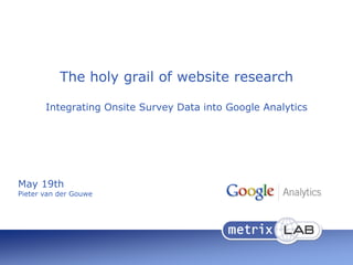 The holy grail of website research

       Integrating Onsite Survey Data into Google Analytics




May 19th
Pieter van der Gouwe
 