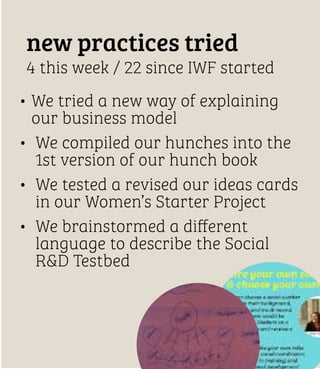 new practices tried
4 this week / 22 since IWF started
• e tried a new way of explaining
W
our business model
• e compiled our hunches into the
W
1st version of our hunch book
• e tested a revised our ideas cards
W
in our Women’s Starter Project
• e brainstormed a different
W
language to describe the Social
RD Testbed