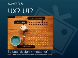 UXを考える


UX?  UI?
                           フレーク：コメント

          ミルク：動画




                スプーン：???



Ed Lea “design = metaphor”
http://www.edlea.com/blog/143679/design-metaphor.html/
 