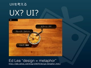 UXを考える


UX?  UI?
                                 スプーン：???


      フレーク：コメント




          ミルク：動画




Ed Lea “design = metaphor”
http://www.edlea.com/blog/143679/design-metaphor.html/
 