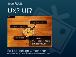 UXを考える


UX?  UI?
                                 スプーン：???


      フレーク：コメント




          ミルク：動画
                            ニコニコ動画
                            =  フレークおかわり⾃自由
                            =  食べ放題うれしい



Ed Lea “design = metaphor”
http://www.edlea.com/blog/143679/design-metaphor.html/
 