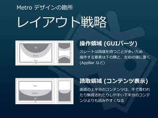 Metro  デザインの勘所


レイアウト戦略略
                 操作領領域  (GUIパーツ)
                 スレートは両端を持つことが多いため
                 操作する要素は下の隅と、左右の端に置く
                 (AppBar  など)




                 読取領領域  (コンテンツ表⽰示)
                 画⾯面の上半分のコンテンツは、⼿手で覆われ
                 たり無視されたりしやすい下半分のコンテ
                 ンツよりも読みやすくなる
 