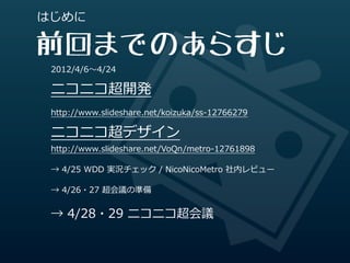 はじめに

前回までのあらすじ
 2012/4/6〜～4/24

 ニコニコ超開発
 http://www.slideshare.net/koizuka/ss-‐‑‒12766279

 ニコニコ超デザイン
 http://www.slideshare.net/VoQn/metro-‐‑‒12761898

 →  4/25  WDD  実況チェック  /  NicoNicoMetro  社内レビュー

 →  4/26・27  超会議の準備


 →  4/28・29  ニコニコ超会議
 