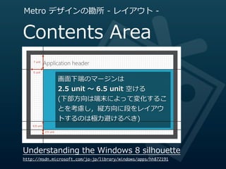 Metro  デザインの勘所  -‐‑‒  レイアウト  -‐‑‒


Contents  Area
    7 unit



    6 unit


                          画⾯面下端のマージンは
                          2.5  unit  〜～  6.5  unit  空ける
                          (下部⽅方向は端末によって変化するこ
                          とを考慮し，縦⽅方向に段をレイアウ
                          トするのは極⼒力力避けるべき)
    6.5 unit

               2.5 unit




Understanding  the  Windows  8  silhouette
http://msdn.microsoft.com/ja-jp/library/windows/apps/hh872191
 