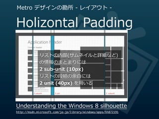 Metro  デザインの勘所  -‐‑‒  レイアウト  -‐‑‒


Holizontal  Padding

                リストの内部(サムネイルと詳細など)
                の情報のまとまりには
                2  sub-‐‑‒unit  (10px)
                リストの段組の余⽩白には
                2  unit  (40px)  を⽤用いる
          2 subunit    2 unit                        2 subunit




Understanding  the  Windows  8  silhouette
http://msdn.microsoft.com/ja-jp/library/windows/apps/hh872191
 