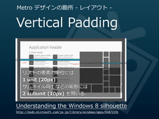 Metro  デザインの勘所  -‐‑‒  レイアウト  -‐‑‒


Vertical  Padding

   1 unit
                                2 subunit




    リストの要素の単位には
    1  unit  (20px)
    サムネイル同⼠士などの矩形には
    2  subunit  (10px)  を⽤用いる

Understanding  the  Windows  8  silhouette
http://msdn.microsoft.com/ja-jp/library/windows/apps/hh872191
 