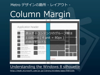 Metro  デザインの勘所  -‐‑‒  レイアウト  -‐‑‒


Column  Margin

              表⽰示するコンテンツのグループ間は
              1  column  (  4  unit  =  80px  )
              の余⽩白を設ける  




                                      1 column




Understanding  the  Windows  8  silhouette
http://msdn.microsoft.com/ja-jp/library/windows/apps/hh872191
 