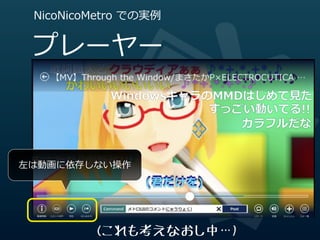 NicoNicoMetro  での実例例


 プレーヤー



左は動画に依存しない操作




          (これも考えなおし中…)
 