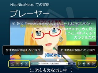 NicoNicoMetro  での実例例


 プレーヤー



左は動画に依存しない操作            右は動画に関係のある操作




          (これも考えなおし中…)
 