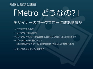 所感と懸念念と課題


「Metro  どうなの?」
 デザイナーのワークフローに難ある気が
 →  どこまでやるのか
 →  レイアウト指⽰示まで?
 →  パーツの  ベクター形式画像  (.psd(パス形式)  .ai  .svg)  まで?
 →  パーツの  xaml  書くまで?
         (未経験のデザイナーの  Expression  学習コスト⾒見見積れる?)

 →  データバインディングまで?
 