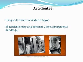 Choque de trenes en Viaducto (1995)
El accidente mato a 39 personas y dejo a 119 personas
heridas.[4]
Accidentes
http://www.marcoacruz.com/metro/images/accidente_95.jpg
 