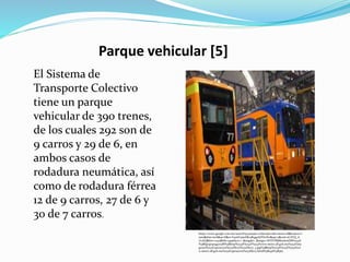 Parque vehicular [5]
El Sistema de
Transporte Colectivo
tiene un parque
vehicular de 390 trenes,
de los cuales 292 son de
9 carros y 29 de 6, en
ambos casos de
rodadura neumática, así
como de rodadura férrea
12 de 9 carros, 27 de 6 y
30 de 7 carros.
https://www.google.com.mx/search?q=parque+vehicular+del+metro+df&source=l
nms&tbm=isch&sa=X&ei=Vqx6U9mABcuRqgaAjYDoDw&sqi=2&ved=0CAYQ_A
UoAQ&biw=1252&bih=599#facrc=_&imgdii=_&imgrc=NYDVRljMnxkmEM%253A
%3Bkjp5je9e9g7z5M%3Bhttp%253A%252F%252Fwww.metro.df.gob.mx%252Fima
genes%252Foperacion%252Ffe07%252Ffe07_5.jpg%3Bhttp%253A%252F%252Fww
w.metro.df.gob.mx%252Foperacion%252Ffe07.html%3B546%3B367
 