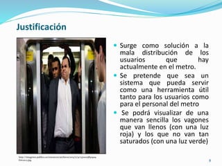 8
Justificación
http://imagenes.publico.es/resources/archivos/2013/5/31/1370025830909
foto21c3.jpg
 Surge como solución a la
mala distribución de los
usuarios que hay
actualmente en el metro.
 Se pretende que sea un
sistema que pueda servir
como una herramienta útil
tanto para los usuarios como
para el personal del metro
 Se podrá visualizar de una
manera sencilla los vagones
que van llenos (con una luz
roja) y los que no van tan
saturados (con una luz verde)
 