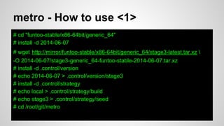metro - How to use <1>
# cd "funtoo-stable/x86-64bit/generic_64"
# install -d 2014-06-07
# wget http://mirror/funtoo-stable/x86-64bit/generic_64/stage3-latest.tar.xz 
-O 2014-06-07/stage3-generic_64-funtoo-stable-2014-06-07.tar.xz
# install -d .control/version
# echo 2014-06-07 > .control/version/stage3
# install -d .control/strategy
# echo local > .control/strategy/build
# echo stage3 > .control/strategy/seed
# cd /root/git/metro
 