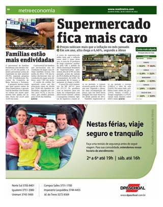 BRACAMP_2012-06-28_10.qxp:BRAZIL        6/27/12      7:40 PM           Page 1




      10
                                     economia                                                                                               www.readmetro.com
                                                                                                                                            QUINTA-FEIRA, 28 DE JUNHO DE 2012


                                               ALESSANDRO SHINODA/FOLHAPRESS




                                                                               Supermercado
        Mais de 70% das famílias têm dívida no cartão
                                                                               fica mais caro
                                                                                  Preços subiram mais que a inflação no mês passado
                                                                                  Em um ano, alta chega a 6,46%, segundo a Abras                                                      Conta mais salgada

     Famílias estão                                                            A conta do supermercado
                                                                               subiu mais que a inflação
                                                                                                                                                        RENATO STOCKLER/FOLHAPRESS       Principais altas em maio

                                                                                                                                                                                                Comparação


     mais endividadas                                                          entre abril e maio deste
                                                                               ano. A cesta de 35 produtos
                                                                               de largo consumo, analisa-
                                                                                                                                                                                      Mês anterior    12 meses

                                                                                                                                                                                                     TOMATE
     O percentual de famílias           O percentual de famílias               da pela GfK a pedido da                                                                                     16,62%              -19,0%
     brasileiras com dívidas che-    que declararam não ter                    Abras (Associação Brasileira
     gou a 57,3% em junho, 1,4       condições de pagar suas dí-               de Supermercados) apre-                                                                                               CEBOLA
     ponto percentual acima do       vidas também recuou. Em                   sentou alta de 0,79% no mês
     registrado no mês anterior      junho de 2012, 7,5% das fa-               passado, acima da varição                                                                                   12,28%              23,1%
     (55,9%), segundo pesquisa       mílias declararam não ter                 do IPCA (Índice de Preços ao
     da CNC (Confederação Na-        condições de pagar seus dé-               Consumidor), de 0,36%. No         Preço da cerveja sobe 4% em maio                                                   MARGARINA
     cional do Comércio de           bitos, ante 7,8% em maio.                 acumulado de 12 meses, o
                                                                                                                                                                                            4,88%              17,79%
     Bens, Serviços e Turismo).         O cartão de crédito foi                aumento já chega a 6,46%.
        A pesquisa mostra ainda      apontado como um dos                         O preço da cesta aumen-     ta no período, o tomate       ta no período a cerveja                                  CERVEJA
     que após quatro meses de        principais tipos de dívida                tou de R$ 267,41 para          acumula queda de 19% em       (3,99%) e o óleo de soja
     altas consecutivas, o percen-   por 74,8% das famílias en-                R$ 271,73. Os produtos         um ano. Segundo a Abras,      (3,63%). Por outro lado, pro-                   3,99%              12,02%
     tual de famílias com dívidas    dividadas, seguido por car-               com as maiores altas em        há uma recomposição de        dutos como sabão em pó (-
     ou contas em atraso apre-       nês, para 19,7%, e, em ter-               maio na comparação com         preço, que em abril havia     1,91%), batata (-1,65%) e                           ÓLEO DE SOJA
     sentou leve queda em ju-        ceiro, por crédito pessoal,               abril foram tomate, cebola     atingido seu mais baixo va-   frango congelado (-1,27%) fi-
     nho. Ficou em 23,2% ante        para 10,4% das famílias.                  e margarina cremosa. Ape-      lor desde janeiro de 2011.    caram mais baratos entre                        3,63%              9,01%
     23,6% em maio.                   METRO                                    sar de registrar a maior al-      Também registraram al-     abril e maio. METRO                      Fonte: Abras
 