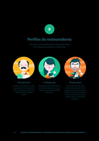 28 Utilización de la tecnología y obstáculos a la implementación entre los restauradores independientes europeos y japoneses
Perfiles de restauradores
8
Tres perfiles de restauradores fueron creados según el tipo
de tecnología que utilizaban en su restaurante.
El Tradicional
El restaurador tradicional no utiliza
la tecnología en su restaurante, no
posee un ordenador y prefiere el
método clásico de "bolígrafo
y papel".
El Moderado
El moderado: tiene un ordenador y
utiliza herramientas básicas como
los programas de Microsoft Office
(Word, Excel).
El Innovador
El Innovador: utiliza aparatos
móviles conectados con su POS,
tiene una relativa buena compren-
sión de la importancia de las redes
sociales como medio para atraer
clientes, cubrir sus necesidades
y retenerlos.
1
2
17
1
2
17
1
2
17
 