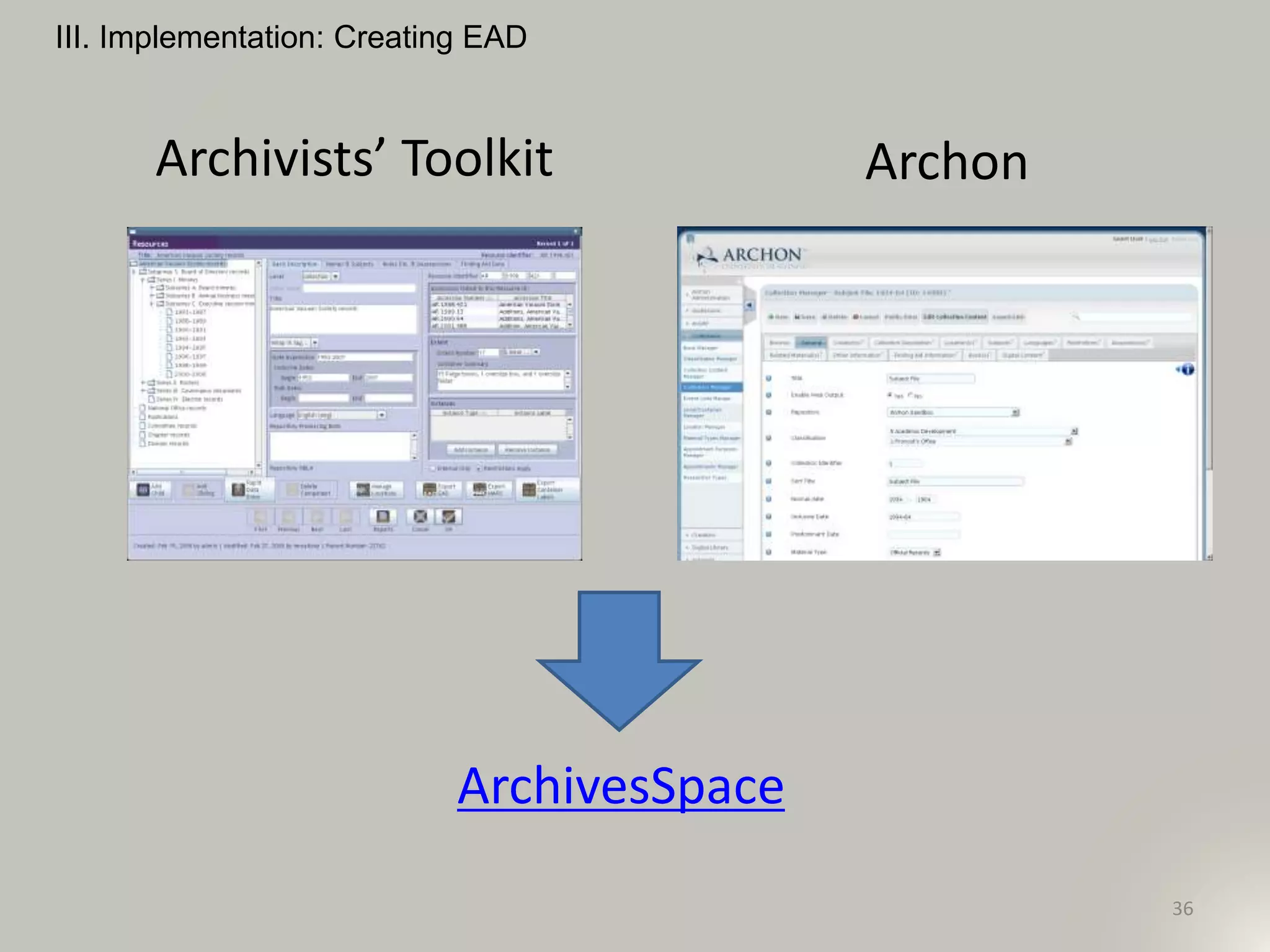 III. Implementation: Creating EAD
36
Archivists’ Toolkit Archon
ArchivesSpace
 