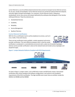 Design and Implementation Guide
6 © 2016 Juniper Networks, Inc.
carrier Ethernet is a set of certified network elements that connect to transport Carrier Ethernet services
for all users, locally and worldwide. Carrier Ethernet services are carried over physical Ethernet networks
and other legacy transport technologies. For customers, Carrier Ethernet means a ubiquitous,
standardized, carrier-class service and network defined by five attributes that distinguish it from familiar
LAN based Ethernet. These five elements are:
• Standardized Services
• Scalability
• Reliability
• Service Management
• Quality of Services
Carrier Ethernet Certification
MEF CE 2.0 is a certification track to verify compliance to services, such as E-
Line, E-LAN, E-Tree and E-Access.
There are two certification tracks available—vendor equipment and service
provider certification. The main difference between them is that the vendor
certification is conducted in a controlled lab environment with a select set of standard topologies,
whereas service provider certification is done at the network level and include various topologies and
equipment types.
Figure 3 Juniper Networks Platforms Compliant with CE2.0 Requirements
As show in Figure 3, Juniper routers, such as MX Series routers and ACX Series routers, have passed
certification with certain hardware and software configurations, and conform to all mandatory
requirements of the CE2.0 certification. The high-end MX series router that are certified, include the
MX240, the MX480 and that MX960.
 
