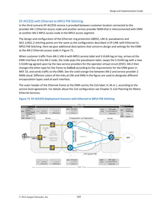 Design and Implementation Guide
© 2016 Juniper Networks, Inc. 145
EP-ACCESS with Ethernet to MPLS PW Stitching
In the third scenario EP-ACCESS service is provided between customer location connected to the
provider AN-1 Ethernet access node and another service provider MAN that is interconnected with ENNI
at another AN-2 MPLS access node in the MPLS access segment.
The design and configuration of the Ethernet ring protection G8032, UNI-A, pseudowires and
AG1.1/AG1.2 stitching points are the same as the configuration described in EP-LINE with Ethernet to
MPLS PW Stitching. Here we give additional descriptions that concerns design and settings for the ENNI
at the AN-2 Ethernet access node in Figure 71.
When customer traffic from AN-1 UNI-A with MPLS service label and S-VLAN tag on top, arrives at the
ENNI interface of the AN-2 node, the node pops the pseudowire label, swaps the S-VLAN tag with a new
S-VLAN tag agreed upon by the two service providers for the operator virtual circuit (OVC). AN-2 then
changes the ether-type for the frame to 0x88a8 according to the requirements for the ENNI given in
MEF 33, and sends traffic to the ENNI. See the solid orange line between AN-2 and service provider 2
MAN cloud. Different colors of the links at UNI and ENNI in the figure are used to designate different
encapsulation types used at each interface.
The outer header of the Ethernet frame at the ENNI carries the CoS label, H, M or L, according to the
service level agreement. For details about the CoS configuration see Chapter 9, CoS Planning for Metro
Ethernet Services.
Figure 71 EP-ACCESS Deployment Scenario with Ethernet to MPLS PW Stitching
 