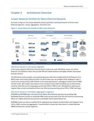 Design and Implementation Guide
© 2016 Juniper Networks, Inc. 7
Chapter 3 Architecture Overview
Juniper Networks Portfolio for Metro Ethernet Networks
As shown in Figure 4, the Juniper Networks product portfolio is well-positioned for all three metro
Ethernet segments—access, aggregation, and metro core.
Figure 4 Juniper Networks Portfolio for Metro Area Networks
ACX Series Routers in the Access Segment
In the access segment ACX Series Universal Access routers are used. ACX Series routers are Carrier
Ethernet 2.0-compliant routers that provide efficient mobile backhaul and highly reliable, SLA-backed
business services.
The ACX Series router provides a cost optimized access node that is loaded with the full features of an
MPLS router and a metro Ethernet switch. On ACX routers you can configure IPv4, bridging or Layer 2
circuit cross-connect (CCC) traffic families on the same physical port. Leveraging a feature set of a MBH
cell site router, ACX routers serve well as a true universal access node and allows you to interconnect
customer sites that are still using legacy service like ATM or TDM circuits. ACX platforms allow you to
migrate those services and backhaul them over Ethernet by preserving actual ATM or TDM local loops.
ACX Series Routers in the Metro Aggregation Segment
ACX5048 and ACX5096 open new horizons for Metro Area Network operators by providing high
bandwidth business services or wholesale MBH metro services with strict SLA and minimum provisioning
efforts at a highly attractive price per port and flexible license-based feature set.
ACX5000 routers are seen as a perfect fit for ongoing access network transformation and migration from
1GE to 10GE in access and aggregation. Transformation is driven by a few factors in mobile backhaul
(MBH) and business services segments.
 