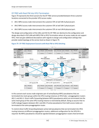 Design and Implementation Guide
162 © 2016 Juniper Networks, Inc.
EP-TREE with Root PW into VPLS Termination
Figure 79 represents the third scenario for the EP-TREE service provided between three customer
locations connected to the provider VPLS access nodes:
• AN-1 MPLS access node interconnects the customer CPE at leaf UNI-A physical port.
• AN-2 MPLS access node interconnects the customer CPE at leaf UNI-C physical port.
• AN-3 MPLS access node interconnects the customer CPE at root UNI-B physical port.
The design and configuration of the UNIs and EVC for EP-TREE are identical to the configuration and
design described in EVP-LAN with MPLS PW to VPLS Termination where all access nodes do not support
VPLS. Here we give additional descriptions with regards to design and configuration settings that
provide rooted topology at the service level as shown in Figure 79.
Figure 79 EP-TREE Deployment Scenario with Root PW to VPLS Stitching
In this scenario each access node originates pair of active/backup MPLS pseudowires that are
terminated into mesh groups within the VPLS routing instances at VPLS hubs—preaggregation routers
AG1.1 and AG1.2. Direct traffic forwarding between MPLS pseudowires which are terminated into the
same mesh group of the same VPLS routing instance is restricted by default. Doing so assures that no
traffic leakage happens between AN-1 and AN-2 if active pseudowires from both access nodes are
terminated at the same preaggregation router.
To restrict direct traffic forwarding between active leaf pseudowires that are terminated into VPLS
routing instances at different preaggregation routers, additional configuration for the VPLS RI is
required. No MPLS pseudowires should be signaled between preaggregation routers that terminate
 