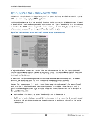Design and Implementation Guide
22 © 2016 Juniper Networks, Inc.
Layer 3 Business Access and DIA Service Profile
The Layer 3 Business Access service profile is geared to service providers that offer IP services. Layer 3
VPN is the most widely deployed MPLS application.
The main goal of an IP-VPN service is to offer private IP connectivity service between different locations
of an enterprise. Given the wide geographical distribution and capacity needs of the branch offices and
main office, the IP-VPN services are provided over a wide range of connectivity types and offer a range
of connectivity speeds with very stringent SLAs and availability targets.
Figure 15Layer 3 Business Access and Direct Internet Access Service Profiles
In a private network where traffic streams from two customers does not mix, the service providers
implement an IP/MPLS network with MP-BGP signaling where a common IP/MPLS network offers VPN
services to end customers.
In addition to the IP connectivity services, carriers offer many value added services, such as stateful
firewalls, NAT to hosted voice, and cloud connectivity to their corporate customers.
Usually there are dedicated L3 PE service routers in the service provider network that are configured
with interfaces to interconnect with the business customer’s CPE device. These interfaces serve as a
policy enforcement point of the Layer 3 service. There two ways customer traffic can be delivered to
the Layer 3 service point:
• The customer’s CPE device can have a direct physical link to the service PE.
• Traffic can be backhauled over Metro EVC from the access node to the service PE where the actual
Layer 3 service is provided. This Layer 2 circuit is known to be a subset of the L3BA service profile
(see Figure 15).
 