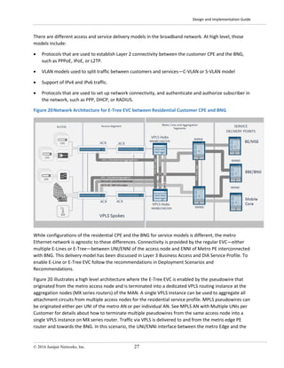 Design and Implementation Guide
© 2016 Juniper Networks, Inc. 27
There are different access and service delivery models in the broadband network. At high level, those
models include:
• Protocols that are used to establish Layer 2 connectivity between the customer CPE and the BNG,
such as PPPoE, IPoE, or L2TP.
• VLAN models used to split traffic between customers and services—C-VLAN or S-VLAN model
• Support of IPv4 and IPv6 traffic.
• Protocols that are used to set up network connectivity, and authenticate and authorize subscriber in
the network, such as PPP, DHCP, or RADIUS.
Figure 20Network Architecture for E-Tree EVC between Residential Customer CPE and BNG
While configurations of the residential CPE and the BNG for service models is different, the metro
Ethernet network is agnostic to these differences. Connectivity is provided by the regular EVC—either
multiple E-Lines or E-Tree—between UNI/ENNI of the access node and ENNI of Metro PE interconnected
with BNG. This delivery model has been discussed in Layer 3 Business Access and DIA Service Profile. To
enable E-Line or E-Tree EVC follow the recommendations in Deployment Scenarios and
Recommendations.
Figure 20 illustrates a high level architecture where the E-Tree EVC is enabled by the pseudowire that
originated from the metro access node and is terminated into a dedicated VPLS routing instance at the
aggregation nodes (MX series routers) of the MAN. A single VPLS instance can be used to aggregate all
attachment circuits from multiple access nodes for the residential service profile. MPLS pseudowires can
be originated either per UNI of the metro AN or per individual AN. See MPLS AN with Multiple UNIs per
Customer for details about how to terminate multiple pseudowires from the same access node into a
single VPLS instance on MX series router. Traffic via VPLS is delivered to and from the metro edge PE
router and towards the BNG. In this scenario, the UNI/ENNI interface between the metro Edge and the
 