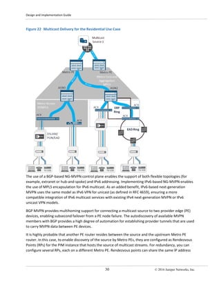 Design and Implementation Guide
30 © 2016 Juniper Networks, Inc.
Figure 22 Multicast Delivery for the Residential Use Case
The use of a BGP-based NG-MVPN control plane enables the support of both flexible topologies (for
example, extranet or hub-and-spoke) and IPv6 addressing. Implementing IPv6-based NG-MVPN enables
the use of MPLS encapsulation for IPv6 multicast. As an added benefit, IPv6-based next-generation
MVPN uses the same model as IPv6 VPN for unicast (as defined in RFC 4659), ensuring a more
compatible integration of IPv6 multicast services with existing IPv4 next-generation MVPN or IPv6
unicast VPN models.
BGP MVPN provides multihoming support for connecting a multicast source to two provider edge (PE)
devices, enabling subsecond failover from a PE node failure. The autodiscovery of available MVPN
members with BGP provides a high degree of automation for establishing provider tunnels that are used
to carry MVPN data between PE devices.
It is highly probable that another PE router resides between the source and the upstream Metro PE
router. In this case, to enable discovery of the source by Metro PEs, they are configured as Rendezvous
Points (RPs) for the PIM instance that hosts the source of multicast streams. For redundancy, you can
configure several RPs, each on a different Metro PE. Rendezvous points can share the same IP address
 
