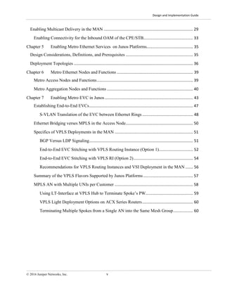 Design and Implementation Guide
© 2016 Juniper Networks, Inc. v
Enabling Multicast Delivery in the MAN ................................................................................. 29
Enabling Connectivity for the Inbound OAM of the CPE/STB............................................. 33
Chapter 5 Enabling Metro Ethernet Services on Junos Platforms.......................................... 35
Design Considerations, Definitions, and Prerequisites ............................................................. 35
Deployment Topologies ............................................................................................................ 36
Chapter 6 Metro Ethernet Nodes and Functions ..................................................................... 39
Metro Access Nodes and Functions....................................................................................... 39
Metro Aggregation Nodes and Functions .............................................................................. 40
Chapter 7 Enabling Metro EVC in Junos................................................................................ 43
Establishing End-to-End EVCs.............................................................................................. 47
S-VLAN Translation of the EVC between Ethernet Rings .............................................. 48
Ethernet Bridging verses MPLS in the Access Node............................................................. 50
Specifics of VPLS Deployments in the MAN ....................................................................... 51
BGP Versus LDP Signaling.............................................................................................. 51
End-to-End EVC Stitching with VPLS Routing Instance (Option 1)............................... 52
End-to-End EVC Stitching with VPLS RI (Option 2)...................................................... 54
Recommendations for VPLS Routing Instances and VSI Deployment in the MAN ....... 56
Summary of the VPLS Flavors Supported by Junos Platforms ............................................. 57
MPLS AN with Multiple UNIs per Customer ....................................................................... 58
Using LT-Interface at VPLS Hub to Terminate Spoke’s PW........................................... 59
VPLS Light Deployment Options on ACX Series Routers.............................................. 60
Terminating Multiple Spokes from a Single AN into the Same Mesh Group.................. 60
 