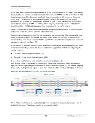 Design and Implementation Guide
52 © 2016 Juniper Networks, Inc.
In the MAN, a VPLS service can be enabled directly on the access node to start an E-LAN/E-Tree like EVC.
However, VPLS is a complex service to be implemented on low-cost MPLS switches and routers. H-VPLS
helps to solve this problem because it specifically allows the spanning of LAN services to the service
nodes (H-VPLS spokes) that do not natively support VPLS services, but supports an LDP signaled
pseudowire. For example, ACX Series routers. This type of Layer 2 circuit is widely used on third-party
access devices, including DSLAMs and GPONs, and we are going to leverage MX and ACX5000 series
capabilities of the H-VPLS hub to aggregate those circuits directly into a VPLS instance.
Table 12 summarizes the different VPLS flavors and bridging techniques supported by Junos platforms
and used as part of this solution for metro Ethernet services.
To provide a continuous end-to-end EVC that is originated and terminated at different types of access
nodes—Ethernet AN, MPLS AN, VPLS AN (see Metro Access Nodes and Functions for definitions)—a
service stitching point should be established for any EVC that crosses the boundary between access and
aggregation segments (see Figure 28).
In the majority of scenarios in this document, a dedicated VPLS instance at a pre-aggregation MX Series
router provides stitching functionality. Junos-based routers support two methods of configuring VPLS
routing instances:
• Option 1 – VPLS Routing Instance (VPLS RI)
• Option 2 – Virtual Switch Routing Instance (VS RI)
End-to-End EVC Stitching with VPLS Routing Instance (Option 1)
Look again at Figure 29 where two access segments, the Ethernet segment on the left and MPLS on
right, are stitched together by VPLS service in the middle. To enable VPLS on AN1 and AN2 we are going
to use a VPLS routing instance. Figure 31 gives more details about the structure of the EVCs in this case.
Figure 31End-to-end EVC with Option 1 Stitching at High Level
Three EVCs are multiplexed at a single UNI and provide connectivity between customer sites—UNI-A
and UNI-B. A group of C-VLANs are bundled to corresponding EVCs.
 
