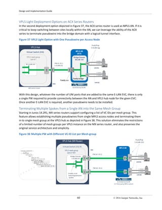 Design and Implementation Guide
60 © 2016 Juniper Networks, Inc.
VPLS Light Deployment Options on ACX Series Routers
In the second deployment option depicted in Figure 37, the ACX series router is used as MPLS AN. If it is
critical to keep switching between sites locally within the AN, we can leverage the ability of the ACX
series to terminate pseudowire into the bridge domain with a logical tunnel interface.
Figure 37 VPLS Light Option with One Pseudowire per Access Node
With this design, whatever the number of UNI ports that are added to the same E-LAN EVC, there is only
a single PW required to provide connectivity between the AN and VPLS hub node for the given EVC.
Once another E-LAN EVC is required, another pseudowire needs to be installed.
Terminating Multiple Spokes from a Single AN into the Same Mesh Group
Starting in Junos 14.2R1, MX series routers support configuring a list of VC IDs per mesh group. This
feature allows establishing multiple pseudowires from single MPLS access nodes and terminating them
in to single mesh group at the VPLS hub as depicted in Figure 38. This solution eliminates the restrictions
of a limited number of mesh groups per VPLS instance on the MX series router, and also preserves the
original service architecture and simplicity.
Figure 38 Multiple PW with Different VC-ID List per Mesh-group
 