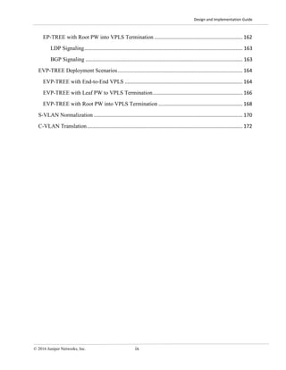 Design and Implementation Guide
© 2016 Juniper Networks, Inc. ix
EP-TREE with Root PW into VPLS Termination ............................................................... 162
LDP Signaling................................................................................................................. 163
BGP Signaling ................................................................................................................ 163
EVP-TREE Deployment Scenarios......................................................................................... 164
EVP-TREE with End-to-End VPLS .................................................................................... 164
EVP-TREE with Leaf PW to VPLS Termination................................................................ 166
EVP-TREE with Root PW into VPLS Termination ............................................................ 168
S-VLAN Normalization .......................................................................................................... 170
C-VLAN Translation............................................................................................................... 172
 