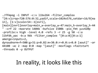 ./ffmpeg -i INPUT -c:v libx264 -filter_complex
"[0:v]crop=720:576:0:32,yadif,scale=1024x576,setdar=16/9[ma
in], [1:v]scale=54:-1[ovrl],
[main][ovrl]overlay=main_w-overlay_w-47:main_h-overlay_h-44
" -crf 22 -maxrate 1404k -bufsize 1500k -pix_fmt yuv420p
-profile:v high -level 4.0 -refs 3 -r 25 -g 50 -c:a
libfdk_aac -b:a 96k -filter_complex "[0:a:0][0:a:1]
amerge=inputs=2,
dynaudnorm=f=500:g=31:p=0.82:m=30.0:r=0.0:s=0.0 [aout]" -ar
44100 -ac 2 -map 0:0 -map "[aout]" -movflags +faststart
-threads 0 -y OUTPUT
In reality, it looks like this
 