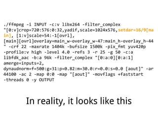 ./ffmpeg -i INPUT -c:v libx264 -filter_complex
"[0:v]crop=720:576:0:32,yadif,scale=1024x576,setdar=16/9[ma
in], [1:v]scale=54:-1[ovrl],
[main][ovrl]overlay=main_w-overlay_w-47:main_h-overlay_h-44
" -crf 22 -maxrate 1404k -bufsize 1500k -pix_fmt yuv420p
-profile:v high -level 4.0 -refs 3 -r 25 -g 50 -c:a
libfdk_aac -b:a 96k -filter_complex "[0:a:0][0:a:1]
amerge=inputs=2,
dynaudnorm=f=500:g=31:p=0.82:m=30.0:r=0.0:s=0.0 [aout]" -ar
44100 -ac 2 -map 0:0 -map "[aout]" -movflags +faststart
-threads 0 -y OUTPUT
In reality, it looks like this
 