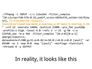 ./ffmpeg -i INPUT -c:v libx264 -filter_complex
"[0:v]crop=720:576:0:32,yadif,scale=1024x576,setdar=16/9[ma
in], [1:v]scale=54:-1[ovrl],
[main][ovrl]overlay=main_w-overlay_w-47:main_h-overlay_h-44
" -crf 22 -maxrate 1404k -bufsize 1500k -pix_fmt yuv420p
-profile:v high -level 4.0 -refs 3 -r 25 -g 50 -c:a
libfdk_aac -b:a 96k -filter_complex "[0:a:0][0:a:1]
amerge=inputs=2,
dynaudnorm=f=500:g=31:p=0.82:m=30.0:r=0.0:s=0.0 [aout]" -ar
44100 -ac 2 -map 0:0 -map "[aout]" -movflags +faststart
-threads 0 -y OUTPUT
In reality, it looks like this
 
