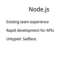 Node.js
Existing team experience
Rapid development for APIs
Untyped. Sadface.
 