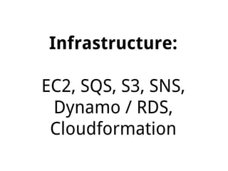 Infrastructure:
EC2, SQS, S3, SNS,
Dynamo / RDS,
Cloudformation
 
