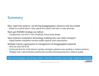 © 2018 ADVA Optical Networking. All rights reserved.2424
New “open line systems” are driving disaggregation solutions into the market
• Ability to combine best-in-class optical line system with best-in-class terminals
Next-gen ROADM strategy can deliver:
• Compactness, Low first in cost, Simplicity, Future proof design
New coherent modulation technology enabling low cost metro transport
• Highly flexible modulation formats enable capacity-reach optimization
Multiple industry approaches to management of disaggregated networks
• One size does not fit all
• Continued drive for multi-domain (vendor and layer) solutions now resulting in mature solutions
• Multiple trials / demonstrations performed recently achieving production network quality
New technologies are driving metro networks towards smart high-capacity solutions
Summary
 