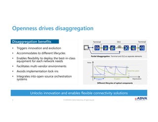 © 2018 ADVA Optical Networking. All rights reserved.33
• Triggers innovation and evolution
• Accommodates to different lifecycles
• Enables flexibility to deploy the best-in-class
equipment for each network needs
• Facilitates multi-vendor environments
• Avoids implementation lock-ins
• Integrates into open-source orchestration
systems
Disaggregation benefits
Unlocks innovation and enables flexible connectivity solutions
Openness drives disaggregation
Partial disaggregation: Terminal and OLS as separate elements
Different lifecycles of optical components
OLSTerminal Terminal
Value
Optical line system
Fiber
3 years+ 10 years+
Transponder
Depreciation
 