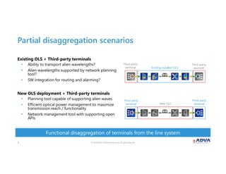 © 2018 ADVA Optical Networking. All rights reserved.44
Existing OLS + Third-party terminals
• Ability to transport alien wavelengths?
• Alien wavelengths supported by network planning
tool?
• SW integration for routing and alarming?
New OLS deployment + Third-party terminals
• Planning tool capable of supporting alien waves
• Efficient optical power management to maximize
transmission reach / functionality
• Network management tool with supporting open
APIs
Functional disaggregation of terminals from the line system
Partial disaggregation scenarios
Third-party
terminal
Third-party
terminalNew OLS
Third-party
terminal
Third-party
terminalExisting installed OLS
 