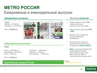 2013
METRO РОССИЯ
Ежедневные и еженедельные выпуски
44
Крупнейшие города России
Ежедневные выпуски Высокое качество
• В Metro работают более 500
профессиональных
журналистов во всем мире
• Metro является партнером CNN
и BBC
• Дизайн газеты разработан
лучшими мировыми
дизайнерами
• Все изменения контента и
дизайна газеты обязательно
исследуются в фокус-группах
• Metro – мультиплатформенный
информационный канал,
включающий в себя газету
Metro, web-сайт Metro и
тематические зонтичные сайты
Еженедельные выпуски
Тираж:
Москва – 450 000 экз.
Петербург – 330 000 экз.
Итого: 780 000 экз.
Источник:
www.metro.lu, www.metronews.ru
Тираж:
Казань – 280 000 экз.
Новосибирск – 90 000 экз.
Омск – 70 000 экз.
Итого: 710 000 экз.
Челябинск – 100 000 экз.
Воронеж – 70 000 экз.
Екатеринбург – 100 000 экз.
 