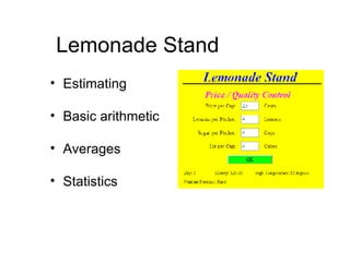 Estimating Basic arithmetic Averages Statistics Lemonade Stand 