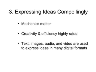 3. Expressing Ideas Compellingly   Mechanics matter Creativity & efficiency highly rated Text, images, audio, and video are used to express ideas in many digital formats 