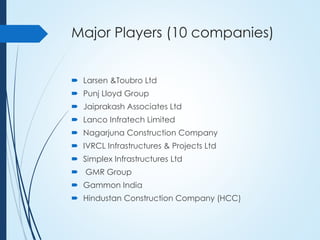 Major Players (10 companies)
 Larsen &Toubro Ltd
 Punj Lloyd Group
 Jaiprakash Associates Ltd
 Lanco Infratech Limited
 Nagarjuna Construction Company
 IVRCL Infrastructures & Projects Ltd
 Simplex Infrastructures Ltd
 GMR Group
 Gammon India
 Hindustan Construction Company (HCC)
 