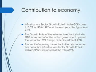 Contribution to economy
 Infrastructure Sector Growth Rate in India GDP came
to 3.5% in 1996- 1997 and the next year, this figure was
4.6%.
 The Growth Rate of the Infrastructure Sector in India
GDP increased after the Indian government opened
the sector to 100% foreign direct investment (FDI).
 The result of opening the sector to the private sector
has been that Infrastructure Sector Growth Rate in
India GDP has increased at the rate of 9%.
 