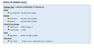 Package: UG2 – 4.102 Km (11620.302m  7518.161 m)
Shafts
Launching Shaft - Top Down (40 m length)
Stations
Ghee Kanta - Top Down (170 m length)
Shahpur - Top Down (260 m length)
Tunnel & Cross Passage
TBM Tunnel - 3300 m length × 2
Cross Passage - 13 Nos.
Ramp
West Ramp - Bottom Up (286 m length)
Entry & Exit
Entry / Exits - 07 Nos. (3 nos. – Ghee Kanta, 4 nos. – Shahpur)
SCOPE OF WORKS (UG2)
116
 