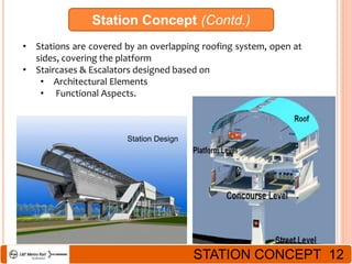 Station Concept (Contd.)
• Stations are covered by an overlapping roofing system, open at
sides, covering the platform
• Staircases & Escalators designed based on
• Architectural Elements
• Functional Aspects.
Station Design
STATION CONCEPT 12
 