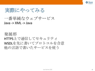 実際にやってみる 一番単純なウェブサービス Java -> XML -> Java 発展形 HTTPS 上で通信してセキュリティ WSDL を先に書いてプロトコルを合意 他の言語で書いたサービスを使う 